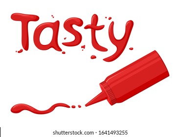 Tasty. Ketchup font with drops. Tomato sauce lettering. Hot spice sauce packed in plastic bottle. Red inscription for menu, cafe. Vector illustration