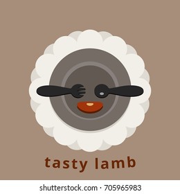 Tasty lamb eatery icon. Top view composition of black fork, spoon, brown steak on a dark plate with an openwork napkin in the form of a round funny black sheep. Flat style logo of a warm retro colors.