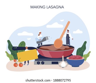 Tasty lasagna. Italian delicious cuisine on the plate. People cooking cheese and meat meal for dinner or lunch. Isolated flat vector illustration