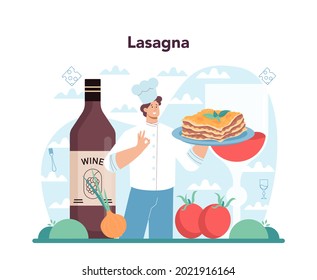 Tasty lasagna. Italian delicious cuisine on the plate. People cooking cheese and meat meal for dinner or lunch. Isolated flat vector illustration