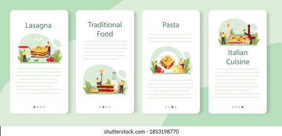 Tasty lasagna mobile application banner set. Italian delicious cuisine on the plate. People cooking cheese and meat meal for dinner or lunch. Isolated flat vector illustration