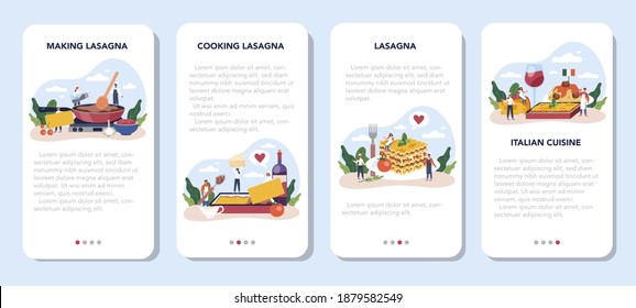 Tasty lasagna mobile application banner set. Italian delicious cuisine on the plate. People cooking cheese and meat meal for dinner or lunch. Isolated flat vector illustration
