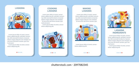 Tasty lasagna mobile application banner set. Italian delicious cuisine on the plate. People cooking cheese and meat meal for dinner or lunch. Isolated flat vector illustration