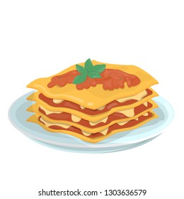 Tasty lasagna on the plate. Italian delicious cuisine. Cheese and meat meal for dinner or lunch. Isolated flat vector illustration