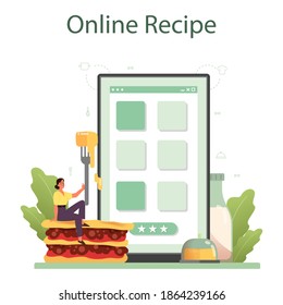 Tasty lasagna online service or platform. Italian delicious cuisine on the plate. People cooking cheese and meat meal. Online recipe. Isolated flat vector illustration