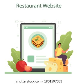 Tasty lasagna online service or platform. Italian delicious cuisine on the plate. People cooking cheese and meat meal. Restaurant web site. Isolated flat vector illustration