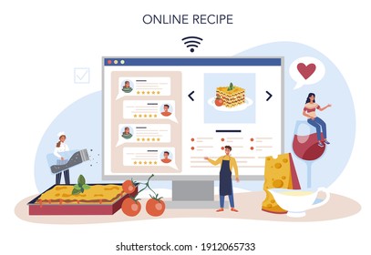 Tasty lasagna online service or platform. Italian delicious cuisine on the plate. People cooking meal for dinner or lunch. Online recipe. Flat vector illustration