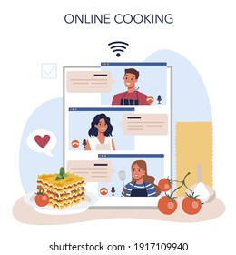 Tasty lasagna online service or platform. Italian delicious cuisine on the plate. People cooking meal for dinner or lunch. Online cooking. Flat vector illustration