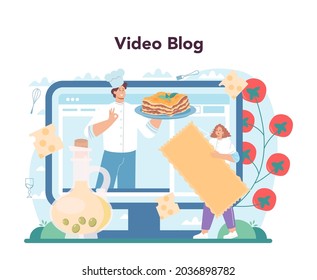 Tasty lasagna online service or platform. Delicious italian cuisine on the plate. Cheese and meat recipe for dinner or lunch. Video blog. Flat vector illustration