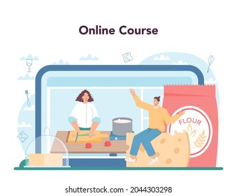 Tasty lasagna online service or platform. Delicious italian cuisine on the plate. Cheese and meat recipe for dinner or lunch. Online course. Flat vector illustration