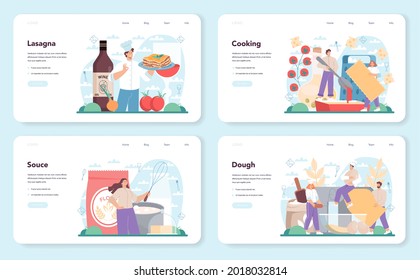 Tasty lasagna web banner or landing page set. Italian delicious cuisine on the plate. People cooking cheese and meat meal for dinner or lunch. Isolated flat vector illustration