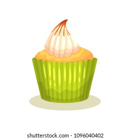 Tasty lemon muffin with cream on top. Delicious cupcake in green wrapper baking cup. Flat vector element for bakery store or cafe menu