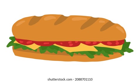 Tasty loaf sandwich. Hand drawn vector illustration in flat style. Single fast food doodle. Cartoon clipart isolated on white background.