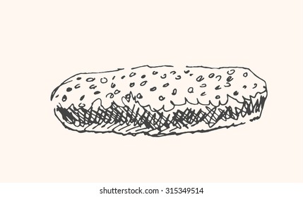 Tasty loaf of wheat bread icon, in sketch hand drawn style, for food business design. Vector
