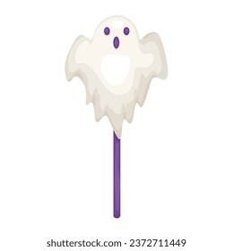 Tasty lollipop in shape of ghost on white background