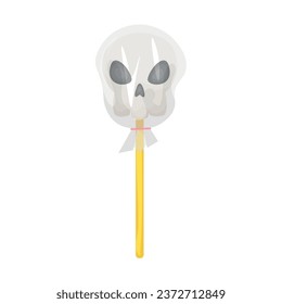 Tasty lollipop in shape of skull on white background
