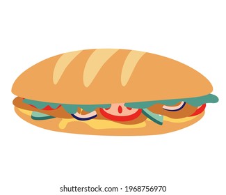 Tasty long baguette sandwich. Fast food baguette sandwich ham bacon lettuce tomato cheese. Fast food icon. Vector illustration.