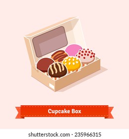 Tasty looking cupcakes in the cardbox. Six cakes in the box. Flat style illustration. EPS 10 vector.