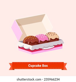 Tasty looking cupcakes in the cardbox. Three cakes in the box. Flat style illustration. EPS 10 vector.