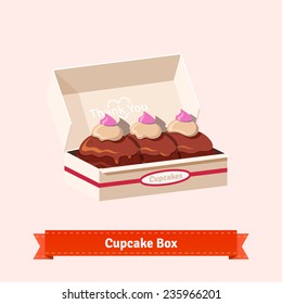 Tasty looking cupcakes in the cardbox with a valentine heart. Three cakes in the box. Flat style illustration. EPS 10 vector.