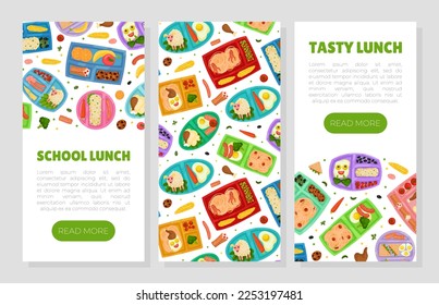 Diseño de banner de la caja de almuerzo delicioso con una plantilla de vectores para niños para comidas saludables