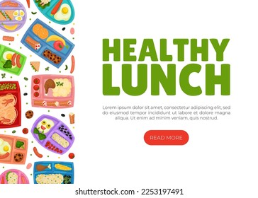 Tasty Lunch Box Banner Design with Healthy Meal for Kids Vector Template