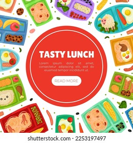 Tasty Lunch Box Banner Design with Healthy Meal for Kids Vector Template