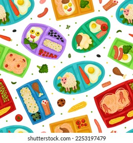 Tasty Lunch Box Seamless Pattern Design with Healthy Meal for Kids Vector Template