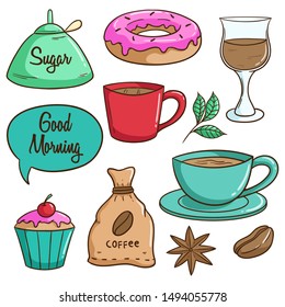 Tasty Lunch With Coffee, Donut and Cupcake by Using Colorful Doodle Style