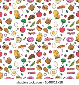 tasty lunch food in seamless pattern with colored doodle style on white background