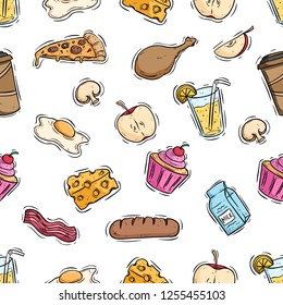 tasty lunch food in seamless pattern with colored hand drawn style