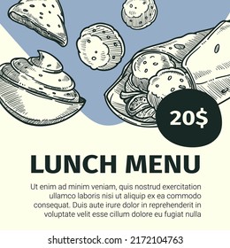 Tasty lunch menu, shawarma or Mexican taco. Roll wrap with meatballs and vegetables with sauce. Street food and snacks. Promotional banner, leaflet or flyer, advertisement vector in flat style