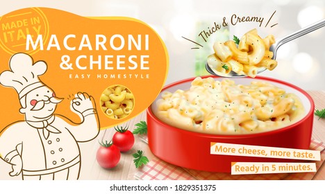 Tasty macaroni and cheese ads in 3d illustration, bowl of macaroni and cheese with spoon