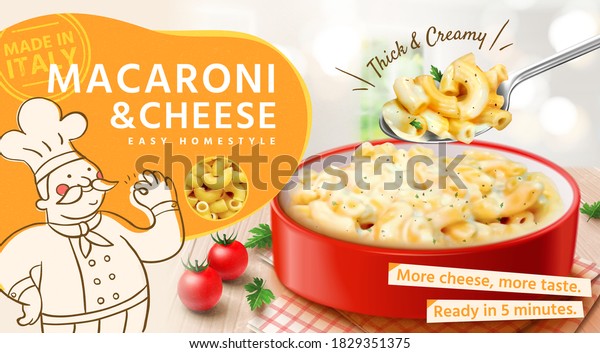Tasty macaroni and cheese ads in 3d\
illustration, bowl of macaroni and cheese with\
spoon