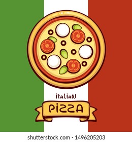Tasty margarita pizza on italian flag background. Template for pizzeria menu and cafe logo.