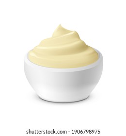 Tasty Mayonnaise Sauce In White Ceramic Bowl. EPS10 Vector