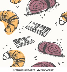 Tasty meal from cafe or restaurant, dessert with natural ingredients. Croissant and cake, chocolate bar for meal breakfast. Seamless pattern, wallpaper print or background. Vector in flat style