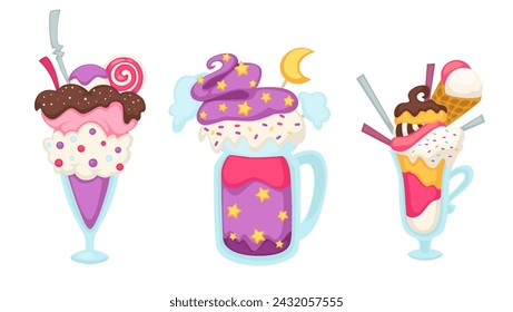 Tasty meal, isolated ice cream desserts with cookies and wafers, cones and spoons. Delicious snacks with mousse, chocolate and glazing, sprinkles and lollipop decoration. Vector in flat style