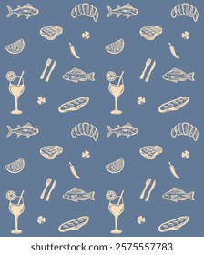 Tasty meat beverage food cafe kitchen pattern background illustration vector layout print art fabric textile design editable