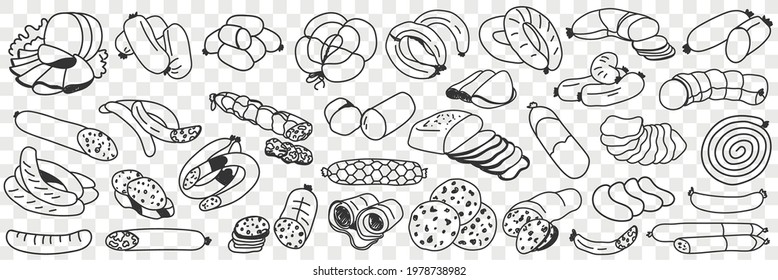 Tasty meat sausages doodle set. Collection of hand drawn various meat sausages whole and cut in pieces for eating in rows isolated on transparent background 