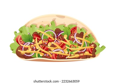 Tasty Mexican is on an isolated background.Traditional Mexican food Tortilla with filling. Corn cake with meat with tomatoes, cheese, salad, pepper, onion, guacamole sauce.