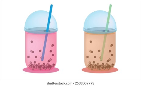 Tasty milk bubble tea in glass on white background, Bubble tea with different fruit flavors in cups with colorful straws, milk tea with tapioca, bubble boba milk tea cups