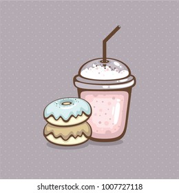 Tasty milkshake and glazed donuts vector illustration. Cafe logo design and menu decoration. Dessert collection.