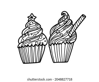 Tasty muffin coloring page. Hand drawn line art illustration