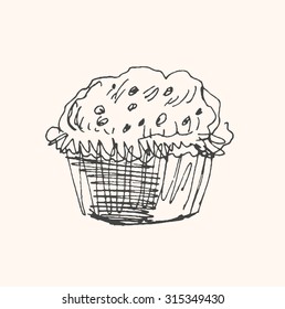 Tasty muffin, cupcake, cookies or cake icon, in sketch hand drawn style, for  pastry bakery food business design. Vector