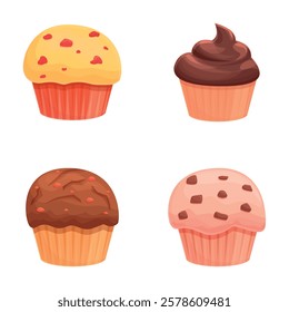 Tasty muffin icons set cartoon vector. Cupcake various flavor and color. Sweet food, dessert