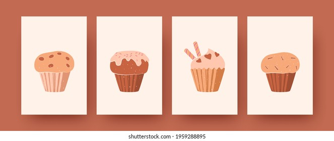 Tasty muffins collection of contemporary art posters. Leaflets with delicious cupcakes vector illustrations. Sweet food and confectionery concept for banners, website design or backgrounds
