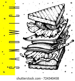 Tasty multilevel sandwich with crispy toasts hand drawn isolated