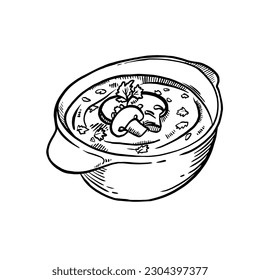 Tasty mushroom soup in pot on white background