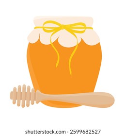 Tasty natural honey in glass jar and dipper isolated on white background. Vector